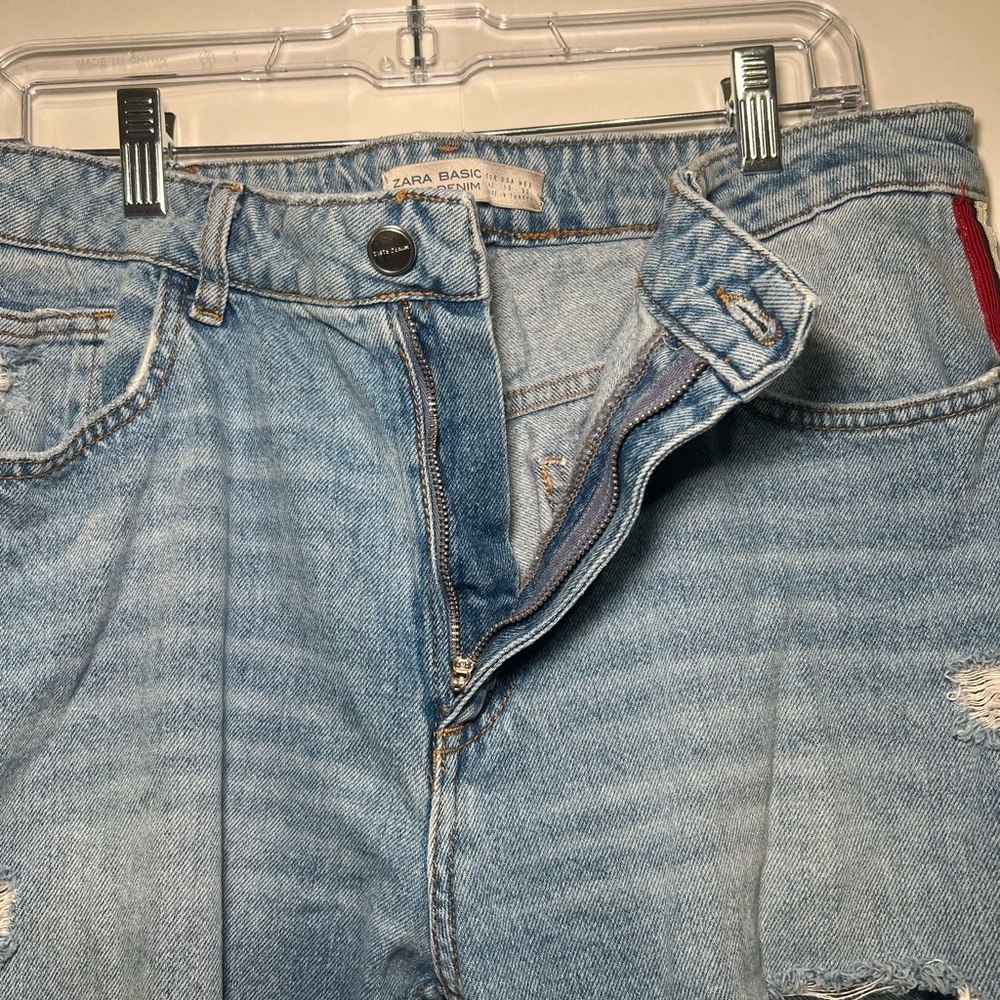 Zara Z1975 Straight‎ Leg Distressed Blue Jeans W/ Red White & Blue Stripe SZ 10 - Picture 6 of 10
